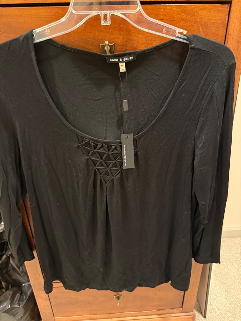 Cable & Gauge Black Long Sleeve Scoop Neck Top with Triangle Pleat Detail